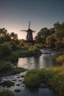  Windmill by the river at dusk Natural wallpaper 2