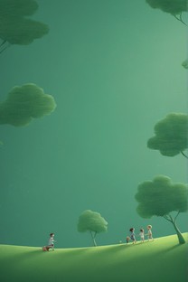  Cute cartoon wallpaper with green leaves and children