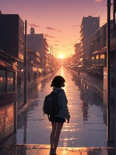 城市中的日落少女背影动漫壁纸