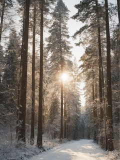 冬天太阳下的雪中树林风景壁纸