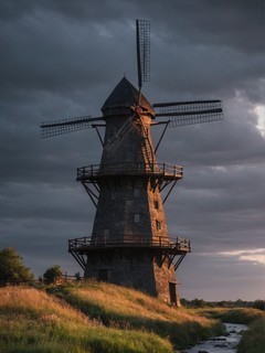 黄昏时候河流边的风车自然壁纸