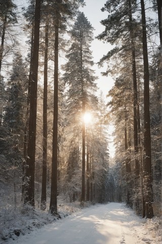 冬天太阳下的雪中树林风景壁纸