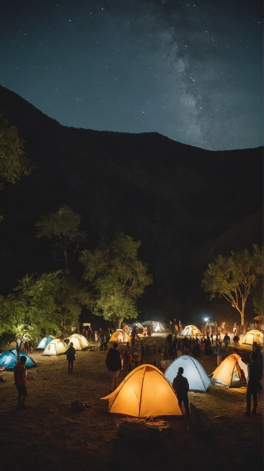 晚上野营年轻人站在旅游帐篷壁纸