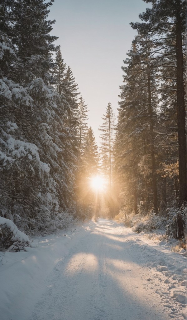 冬天太阳下的雪中树林风景壁纸3