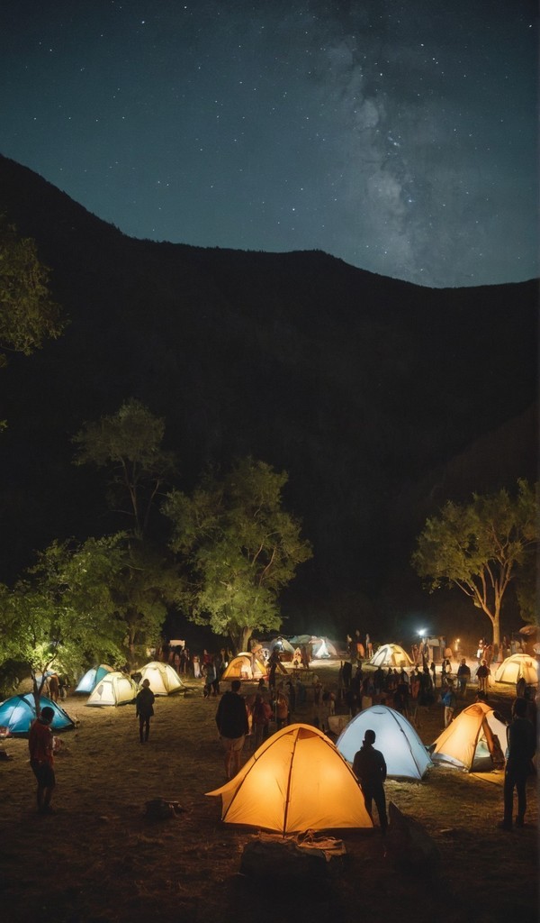 晚上野营年轻人站在旅游帐篷壁纸