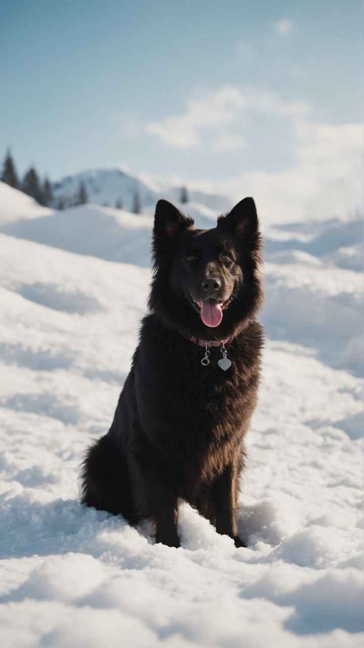 蓬松雪地上的黑色小狗图片壁纸2