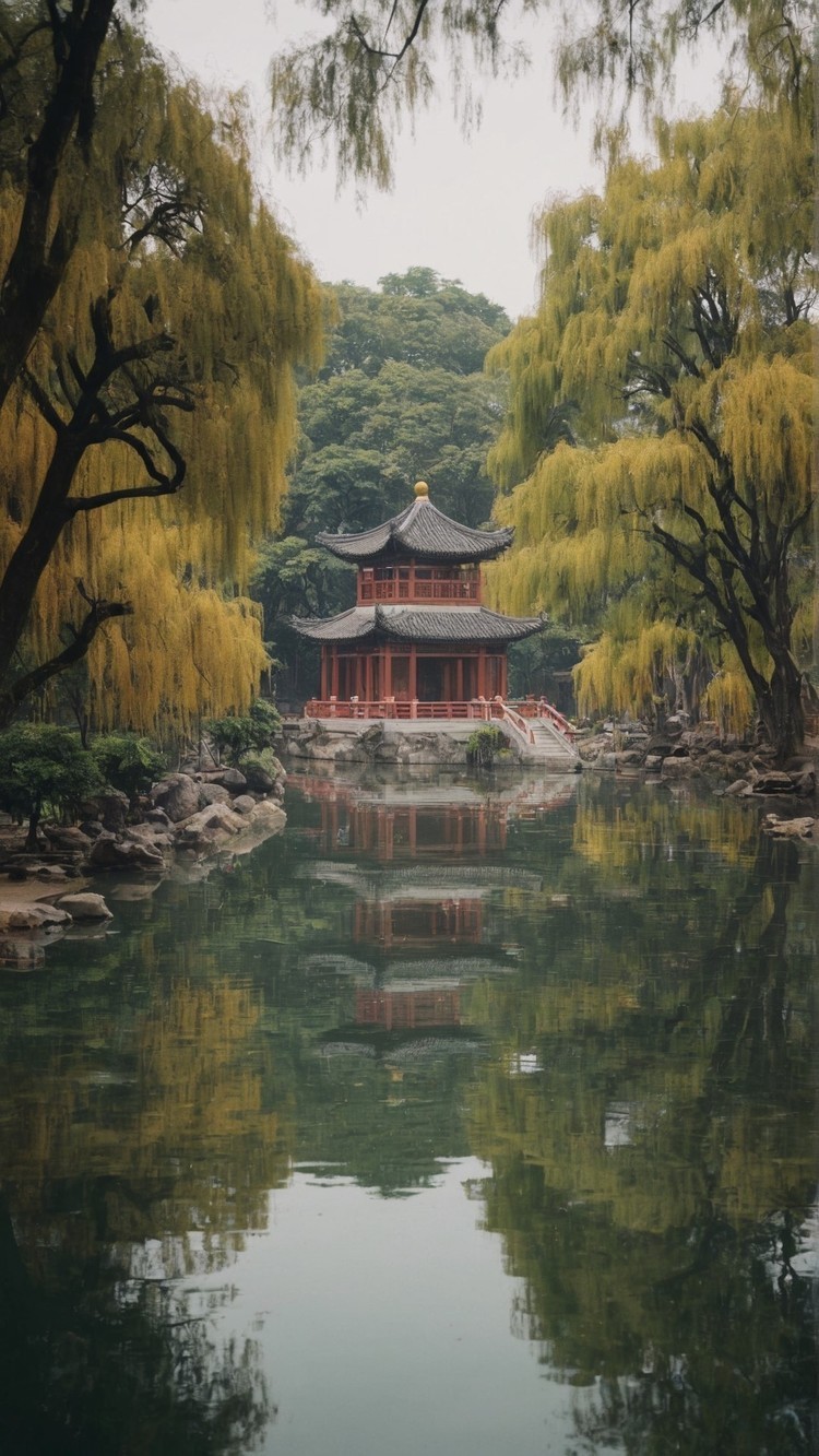 江南风湖边中式古韵建筑图片壁纸