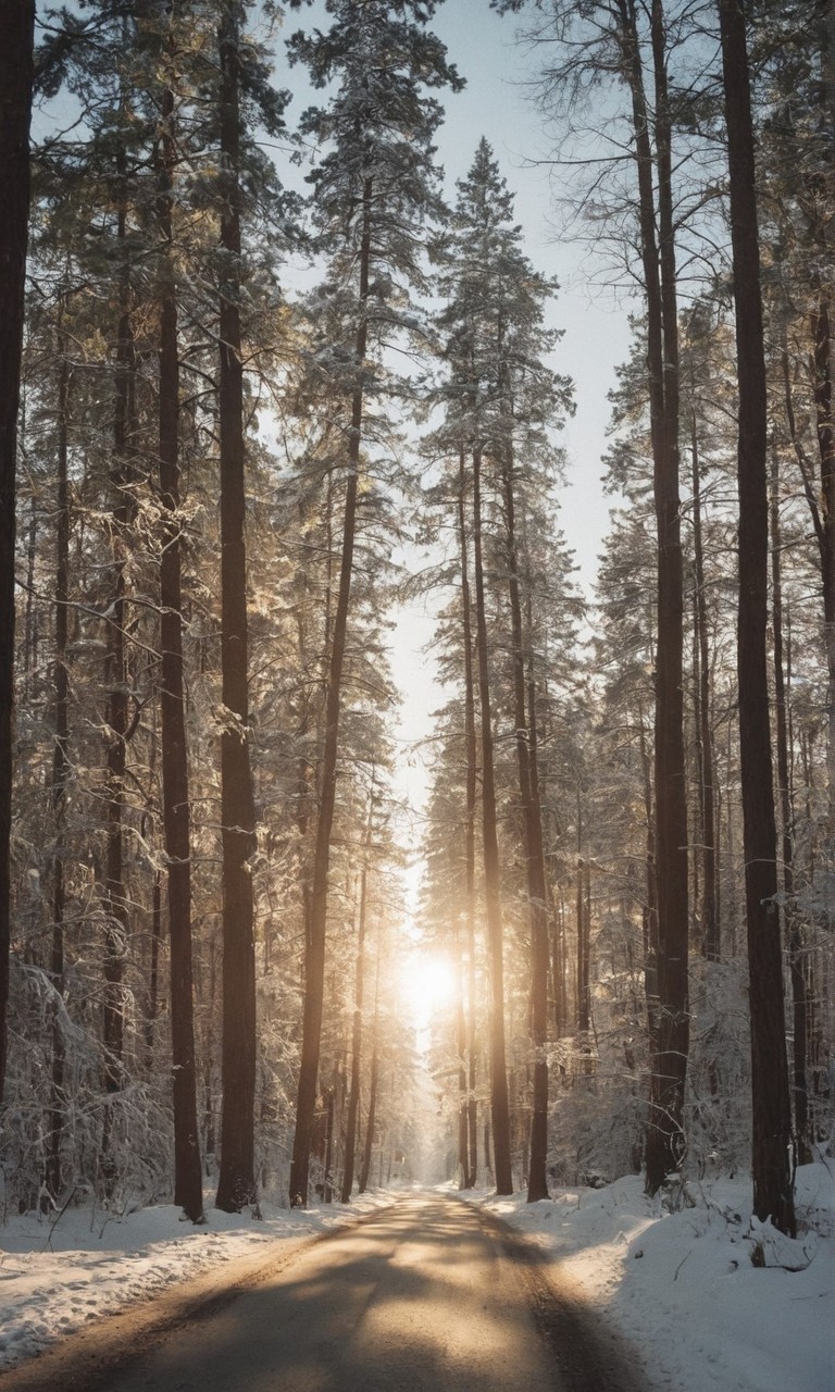 冬天太阳下的雪中树林风景壁纸2