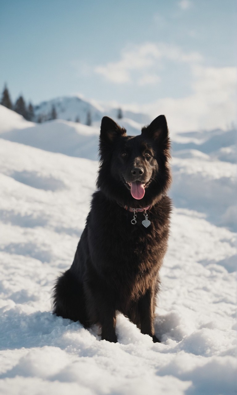 蓬松雪地上的黑色小狗图片壁纸2