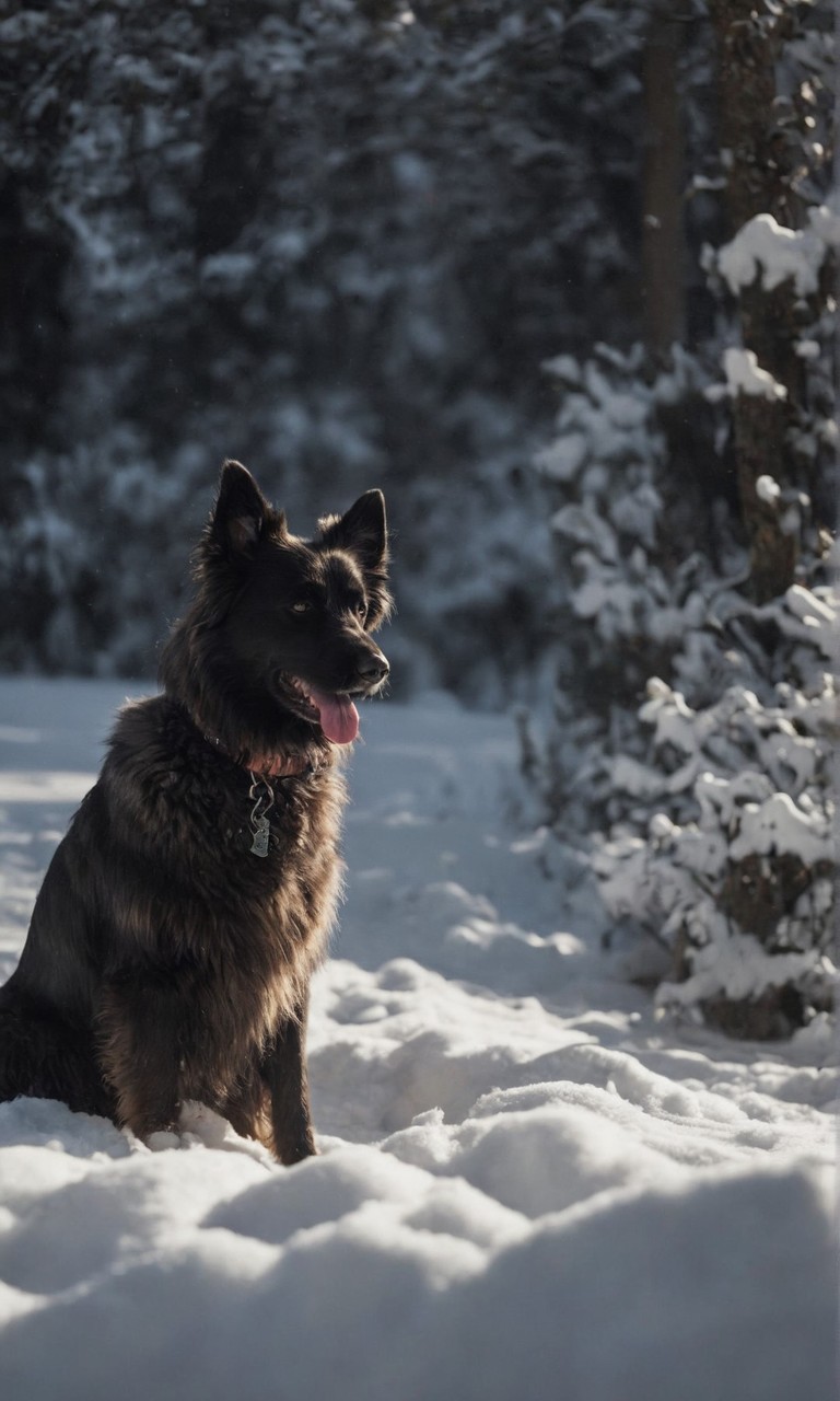蓬松雪地上的黑色小狗图片壁纸