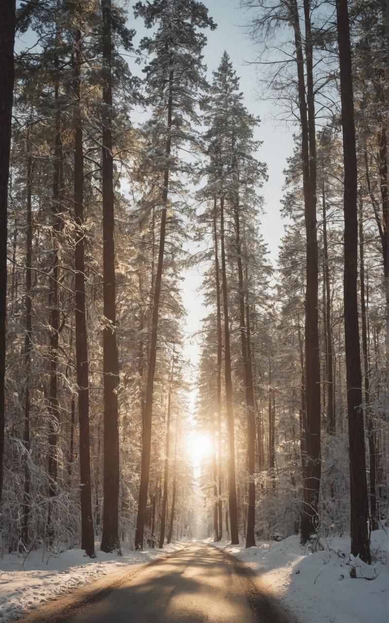 冬天太阳下的雪中树林风景壁纸2