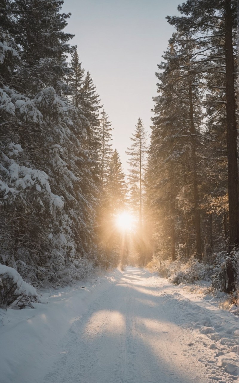 冬天太阳下的雪中树林风景壁纸3